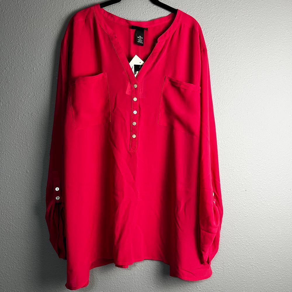 Maggie Barnes Red‎ Button-Up Blouse Long Sleeve V-Neck Professional Size Top 4X